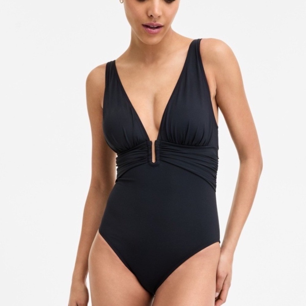 Bleu Rod Beattie Womens Size 12 Black Plunge V-Neck One Piece Swimsuit NWT 054